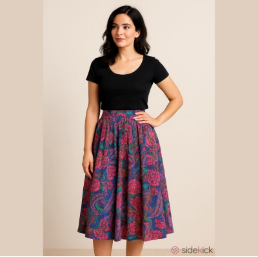 Vintage Bohemian Pleated Folk Midi Skirt Floral Paisely Cottagecore with Pockets